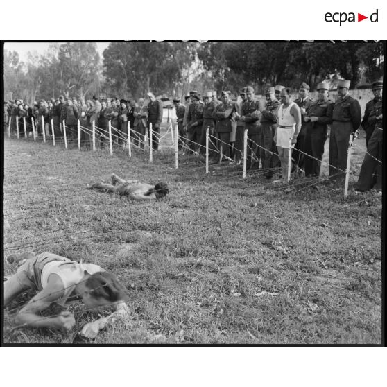 Des aides moniteurs d'éducation physique militaire (EPM) rampent sous des barbelés bas, sous le regard d'autorités militaires.