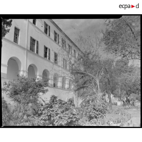 Plan en contre-plongée d'une aile de l'établissement du service de santé de la 10e région militaire (RM), depuis les jardins, à l'intérieur de l'enceinte, à Alger.