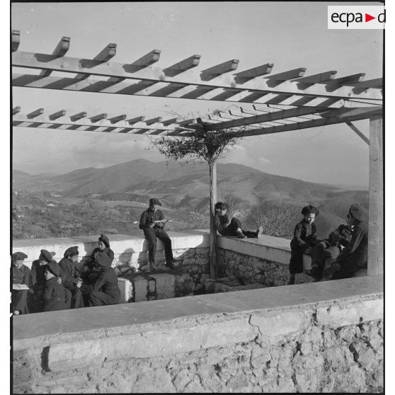 Des élèves sont réunis sous une tonnelle, lisent ou discutent.