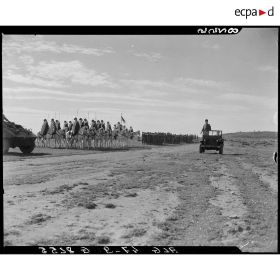 Une autorité militaire passe en revue des troupes, à bord d'une jeep.