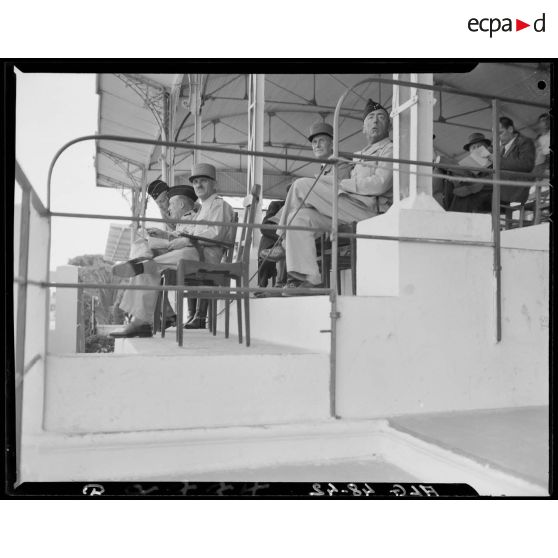 Autorités militaires à la tribune lors d'un concours de cheval de selle en Algérie.