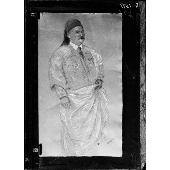 Reproduction de portraits de la Mission Musulmane par Noël Dorville. Si Cheddly Oklij. Délégué tunisien. [légende d'origine]