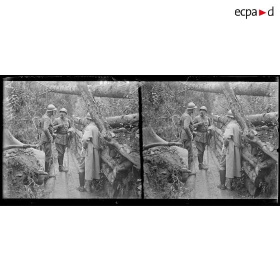 Région des Hartmannswillerkopf. Alsace. La Roche Barrault. Le général Demetz causant avec un officier. [légende d'origine]