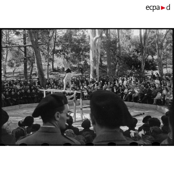 Un élève de l'école militaire préparatoire nord-africaine (EMPNA) d'Hammam Righa réalise une figure aux barres parallèles, pendant la fête sportive, sous le regard du général de corps d'armée Henry Martin, commandant le 19e corps d'armée (CA) et de personnalités militaires et civiles.
