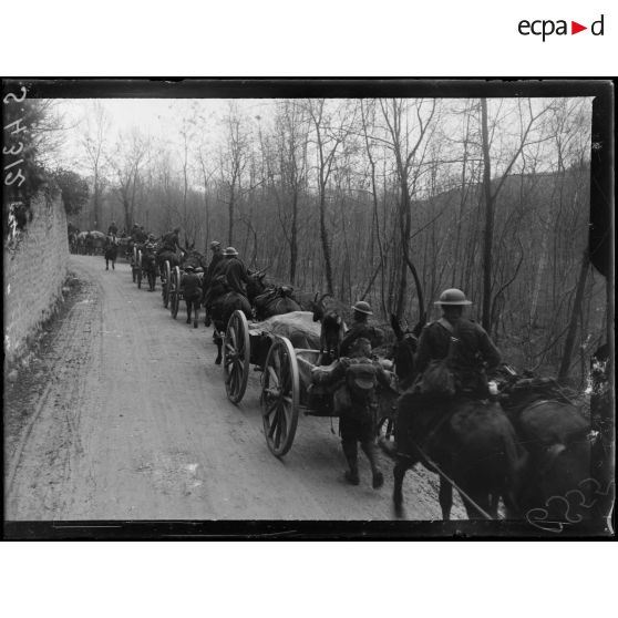 Route de Villers-Cotterêts (Aisne). Troupes anglaises allant au repos. [légende d'origine]