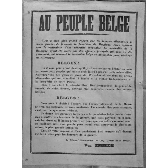 Paris. Musée Franco Américain M. Leblanc, 6 avenue Malakoff. Affiche. Au peuple belge (Von Emmich). [légende d'origine]
