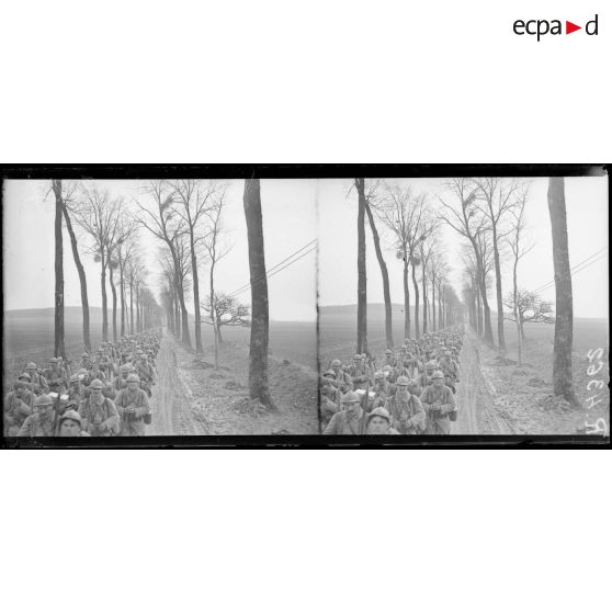 Bois du Domont-Desrainées (Somme). La 64e DI monte en ligne, défilé du 339e d’infanterie. [légende d’origine]