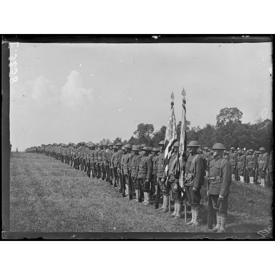 Soulaines. Aube. Remise au 6eme régiment américain de deux drapeaux offerts par les descendants du Maréchal de Rochambeau. Les drapeaux et leur garde. [légende d'origine]