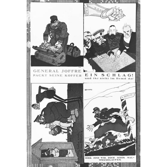 Mulhouse. Cartes postales allemandes. Charges contre les alliés, éditées en août 1914. [légende d'origine]