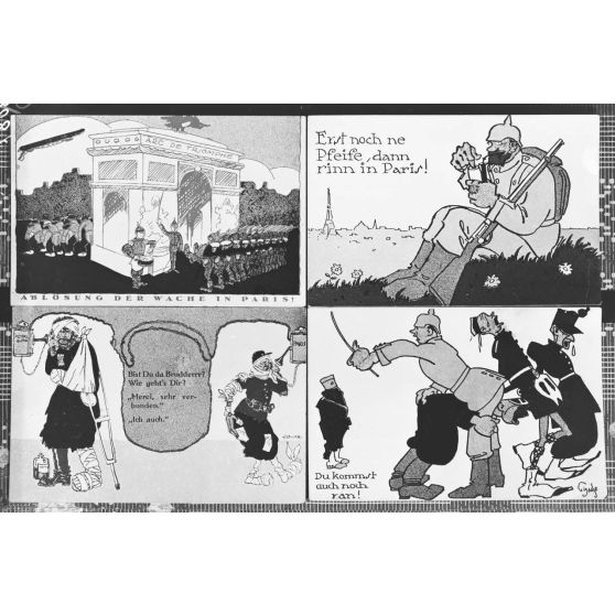 Mulhouse. Cartes postales allemandes. Charges contre les alliés, éditées en août 1914. [légende d'origine]