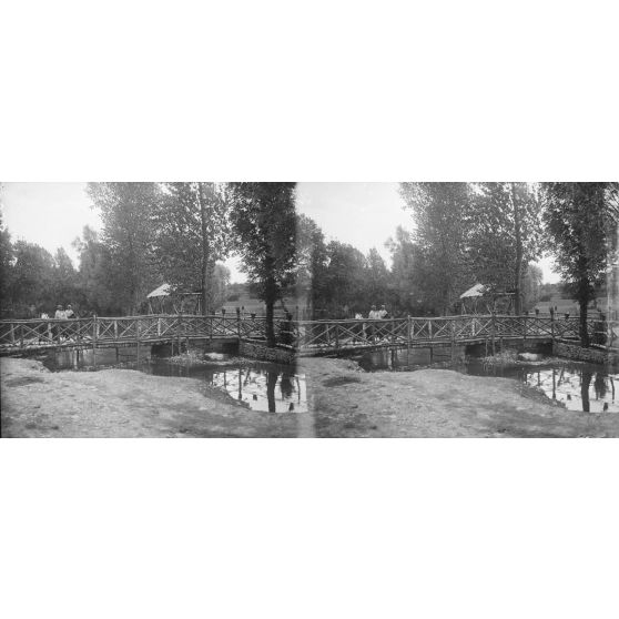 Ville-sur-Cousances (Meuse). Pont rustique et chevaux dans la Cousances . [légende d’origine]