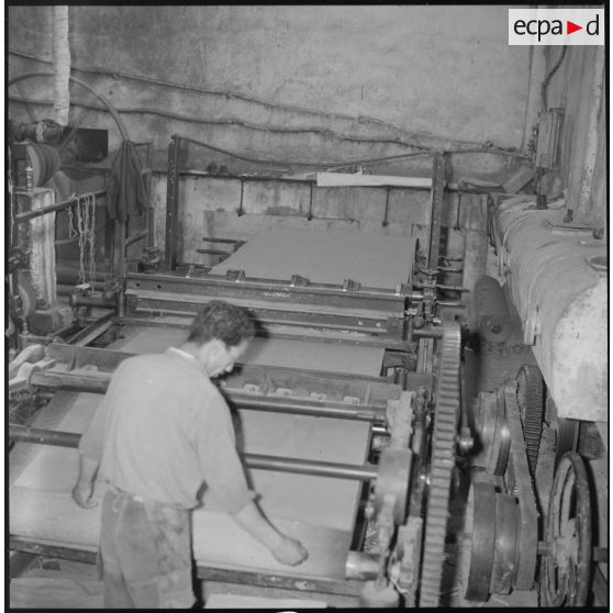 [Papeterie d'Aïn-el-Hadjar. Un ouvrier travaille avec une machine utilisée pour la fabrication du papier.]