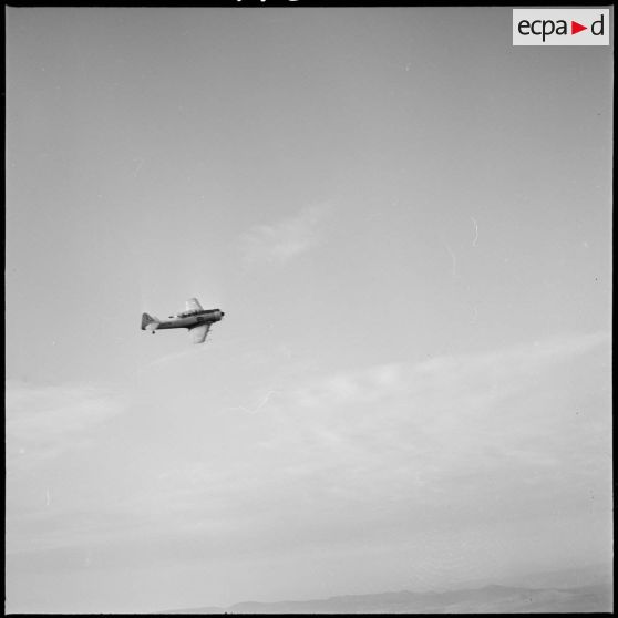 [Avion North American T-6 portant l'insigne de la 14/72e escadrille d'aviation légère d'appui (EALA) en vol de reconnaissance.]