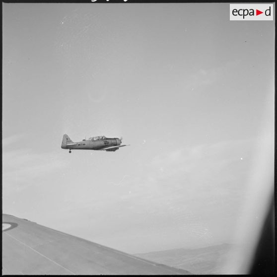 [Avion North American T-6 portant l'insigne de la 14/72e escadrille d'aviation légère d'appui (EALA) en vol de reconnaissance.]