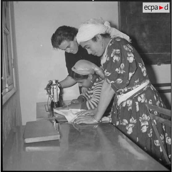 [Cours de couture prodigué à des jeunes femmes algériennes à Aïn el Hadjar.]