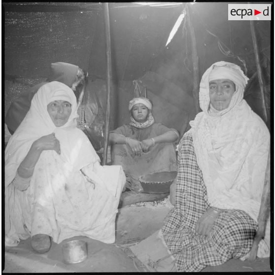[Poste de Tamesna, région de Saïda. Enfant, venue de France, visitant des femmes et une jeune fille dans leur tente traditionnelle appelée khaïma.]