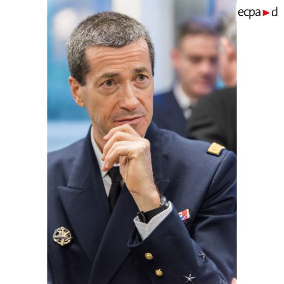 Portrait du contre-amiral Stéphane Boivin, directeur du CESM (centre d'études stratégiques de la Marine) et délégué au COMAR Paris (commandement de la Marine à Paris) au cours d'une réception donnée lors des voeux du CEMM (chef d'état-major de la Marine) aux unités parisiennes dans un salon du ministère des Armées.