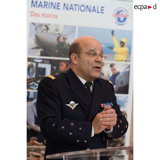 L'amiral Christophe Prazuck, CEMM (chef d'état-major de la Marine), présente ses voeux lors d'un discours aux RCIT(réservistes citoyens) et aux associations de la Marine à la Rotonde de l'Ecole militaire.