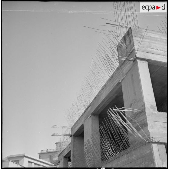 [Vue en plongée sur un immeuble d'Oran protégé par des piques.]