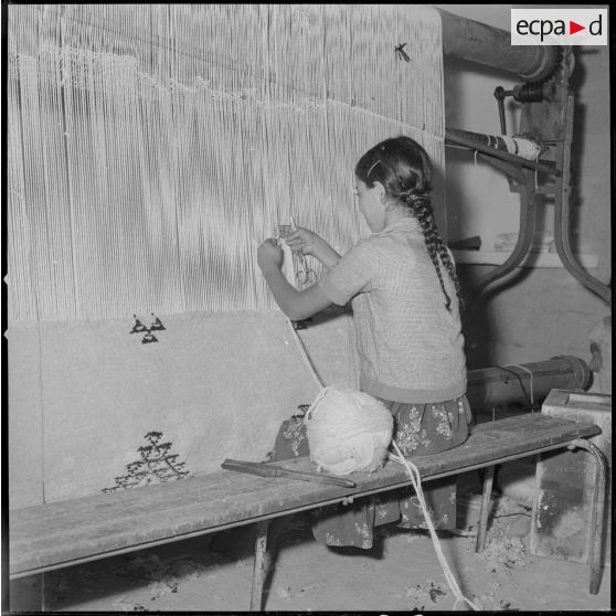 [Jeune fille tissant un tapis dans un atelier à Tafaraoui.]