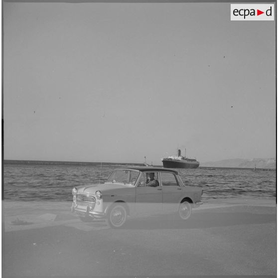 [Homme posant dans une automobile dans le port d'Oran.]