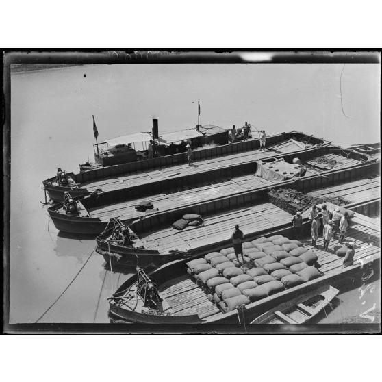 Ksiri. Chargement des chalands de blé sur le Sébou. [légende d'origine]