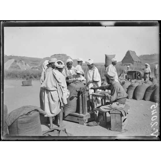 Dar-Bel-Hamri. Le pesage des sacs de blé. [légende d'origine]