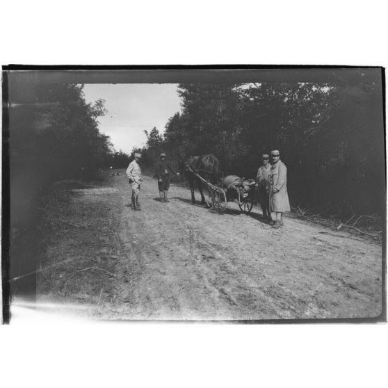 [Militaires dirigeant une carriole et son cheval sur une route, s.d.]