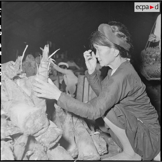 Au grand marché d'Hanoï, une femme choisit des pousses de bambous.