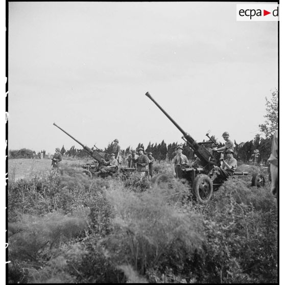 Lors d'une école à feu du 411e RAAA  (régiment d'artillerie antiaérienne) de la DMC (division de marche de Constantine), deux canons de 40 mm Bofors sont mis en batterie.