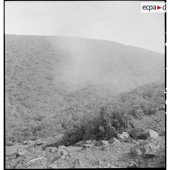 Des élèves aspirants de l'école des élèves aspirants ou CIEO (Centre d'instruction des élèves officiers) de Cherchell progressent sous le feu au cours d'une manoeuvre d'infanterie.