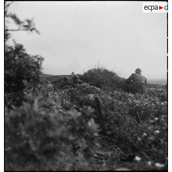 Des élèves aspirants de l'école des élèves aspirants ou CIEO (Centre d'instruction des élèves officiers) de Cherchell font une halte et observent le terrain avant de reprendre leur progression au cours d'une manoeuvre d'infanterie.