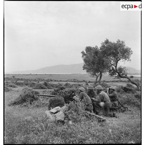 Des soldats du CFA (Corps franc d'Afrique) mettent en batterie un canon antichar de 37 mm à proximité du lac de Bizerte.