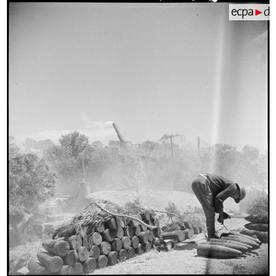 Un artilleur d'un régiment d'artilllerie d'Afrique prépare des obus pour les pièces de 155 mm GPF mises en batterie aux environs de Zaghouan.