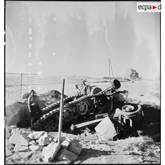 Des soldats du Commonwealth posent devant l'épave d'un semi-chenillé allemand dans la région de Zaghouan.