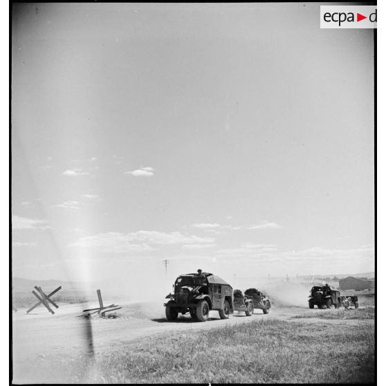 Montée en ligne d'un convoi de tracteurs d'artillerie Morris C8 d'une unité du Commonwealth dans la région de Zaghouan.