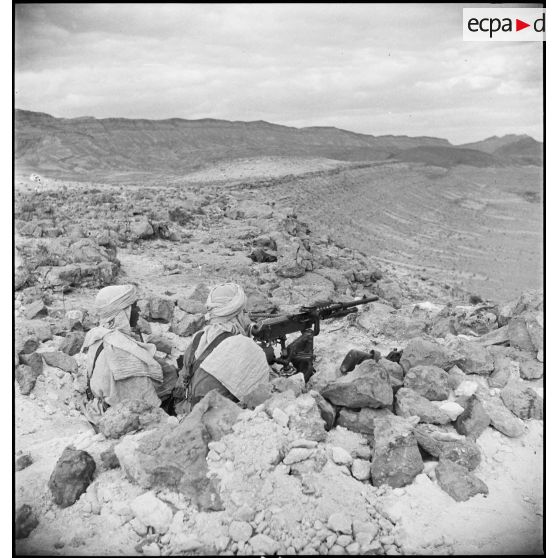 Mise en batterie d'une mitrailleuse Hotchkiss, modèle 1914, par des méharistes du groupement du capitaine Paganelli dans le secteur du FSEA (Front sud-est algérien), entre le col de Bir el Asker et le Chott el Jerid.