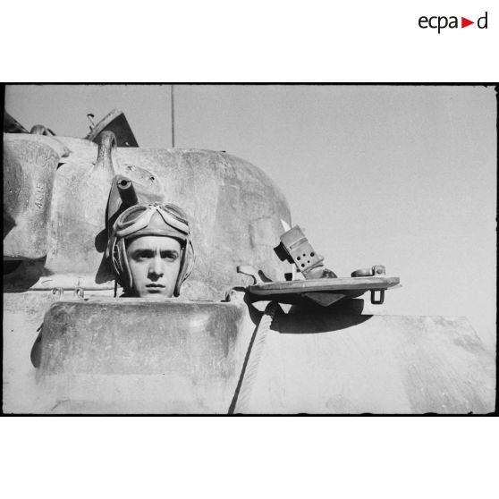 Portrait du pilote d'un char moyen Sherman M4 d'une unité blindée du CEF (corps expéditionnaire français) lors d'un entraînement de la grande unité.