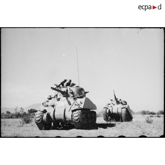 Progression de chars moyens Sherman M4 d'une unité blindée du CEF (corps expéditionnaire français) lors d'un entraînement dans une région désertique algérienne.