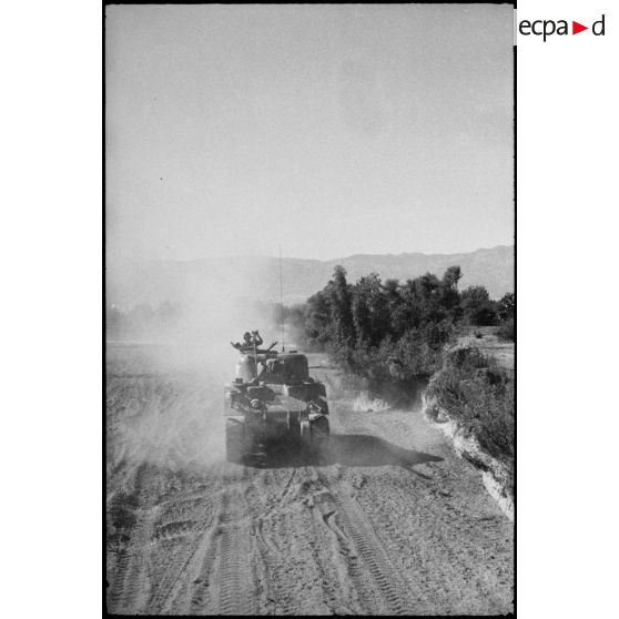 Progression d'un char moyen Sherman M4 d'une unité blindée du CEF (corps expéditionnaire français) dans le lit d'un oued en Algérie lors d'un entraînement.