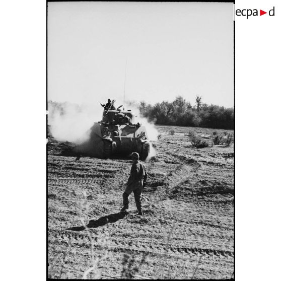 Un chef de char dirige une manoeuvre de son char moyen Sherman M4 d'une unité blindée du CEF (corps expéditionnaire français) lors d'un entraînement dans une région désertique algérienne.