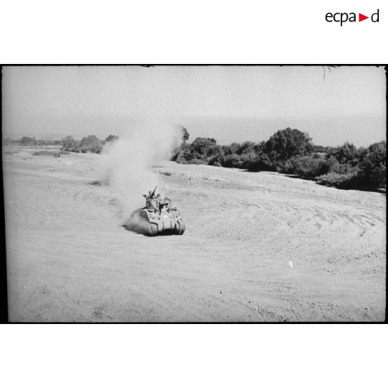 Progression d'un char moyen Sherman M4 d'une unité blindée du CEF (corps expéditionnaire français) dans le lit d'un oued en Algérie lors d'un entraînement.
