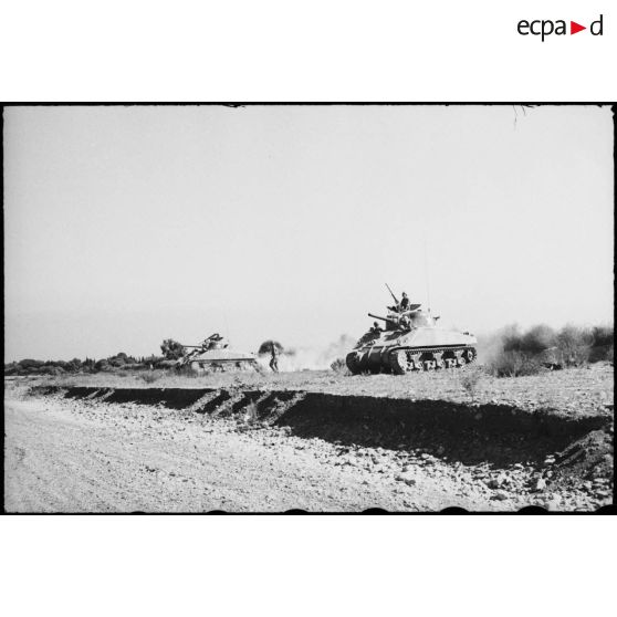 Progression de chars moyens Sherman M4 d'une unité blindée du CEF (corps expéditionnaire français) lors d'un entraînement dans une région désertique algérienne.