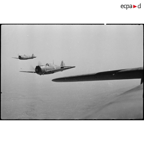 Chasseurs Curtiss H-75 Hawk (ou P-36) de l'école de l'Air de Marrakech lors d'un vol d'instruction en formation.