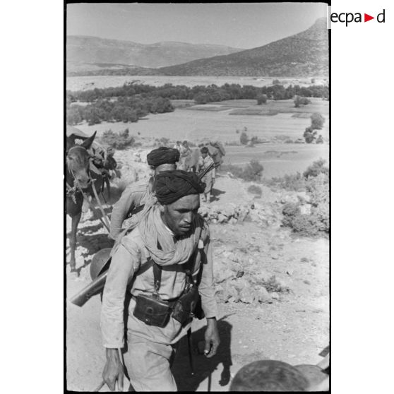 Mission de reconnaissance de goumiers marocains pendant une manoeuvre du CEF (corps expéditionnaire français).