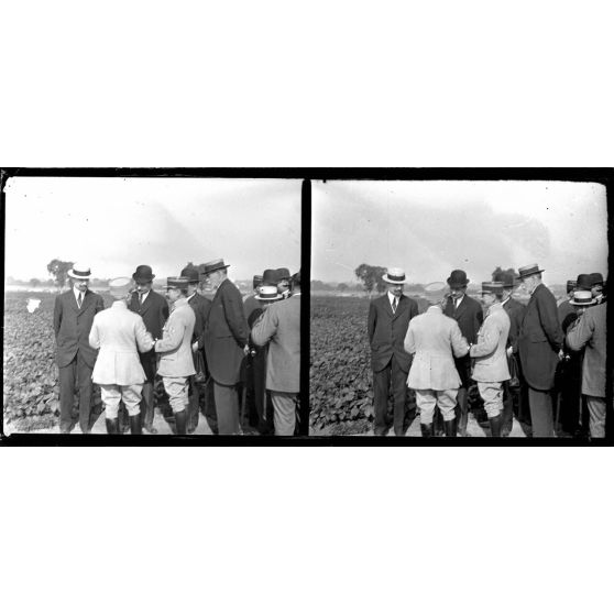 Le Tremblay (Seine et Oise). M. David, ministre de l'agriculture. Le capitaine Morin, directeur de culture des troupes disponibles visitent le champ de culture. [légende d'origine]