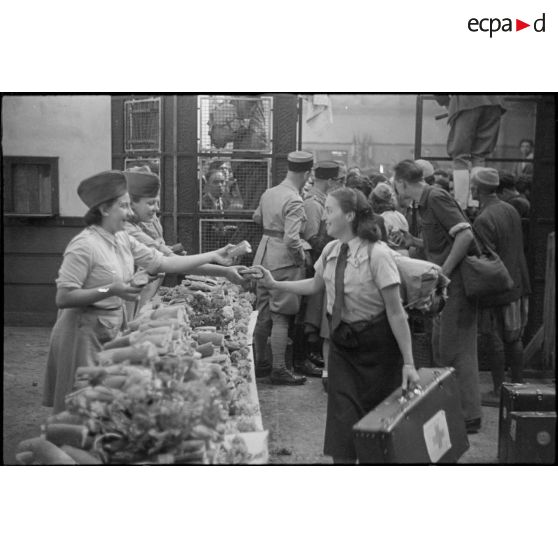 Distribution de sandwichs par des femmes de la Croix-Rouge à des réfugiés français dans le grand hall de la gare maritime de Casablanca.
