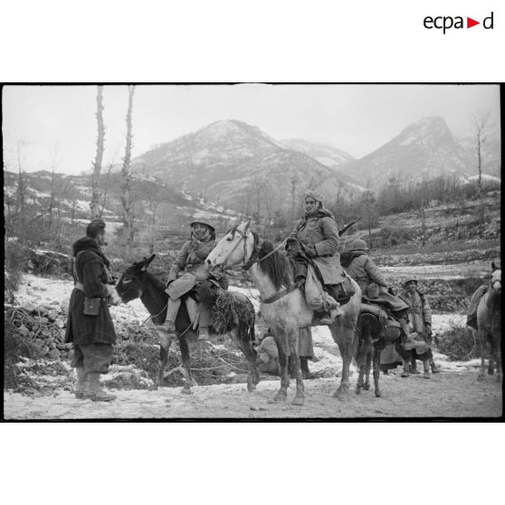 Des goumiers brancardiers sur leur monture.