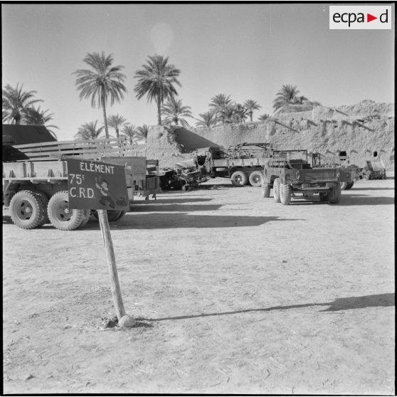Eléments de transport de la 75e CRD (compagnie de réparation divisionnaire) groupés devant les bâtiments.