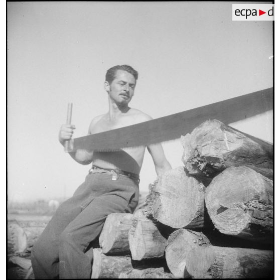 Des prisonniers de guerre scient du bois.